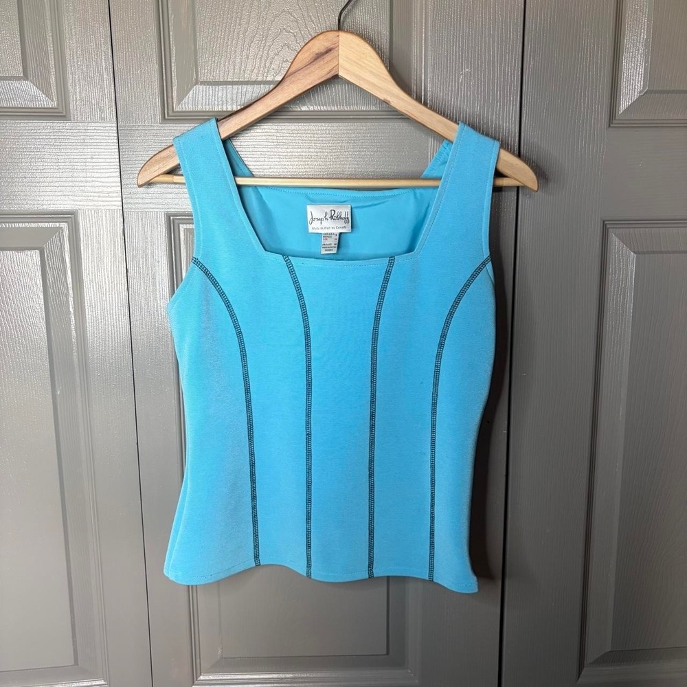 Joseph Ribkoff Blue Tank Top Silver Stitching Y2K Ribbed Cami Square Neck Size 8